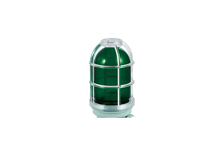Signalling Green DHR115 caged light with triangle base, with lamp holder B22, without bulb.