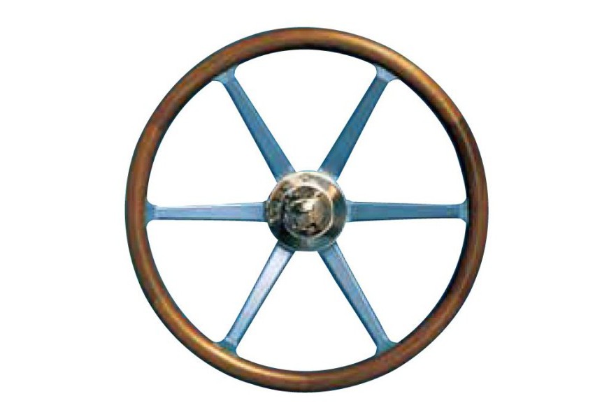 Steering Wheel type 11 Dia. 600 mm Chrome fitting 6 Aluminium spoke & teak rim