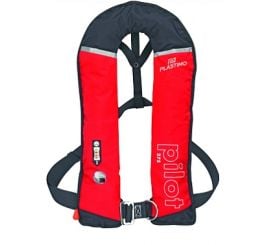Life jacket inflatable PILOT 275 ISO automatic with harness red & crutch strap rated buoyancy 150 N actual buoyancy 165 N includes 60 g CO2 gas bottle unique size from 40 kg waist belt 60-170 cm
