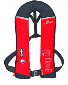 Life jacket inflatable PILOT 275 ISO automatic with harness red & crutch strap rated buoyancy 150 N actual buoyancy 165 N includes 60 g CO2 gas bottle unique size from 40 kg waist belt 60-170 cm