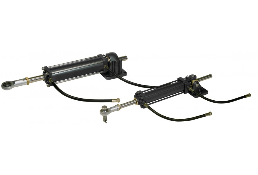 Steering cylinder 340kgm MT0345B 750cc 300 mm stroke with connectors for 18 mm OD hose (includes flexible hoses 600 mm)
